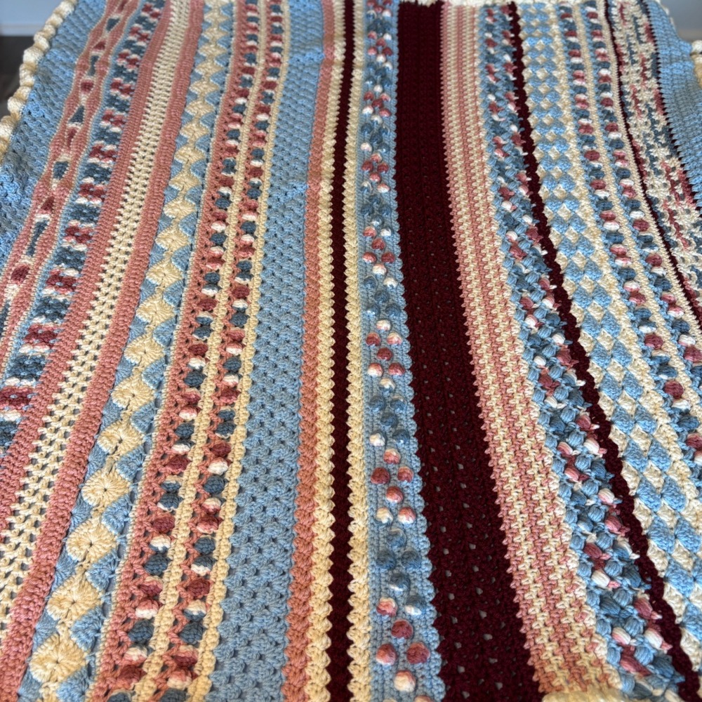 Handmade Crochet Sampler Afghan Throw Blanket Blue Pink Cream Ruffle Trim 47x47